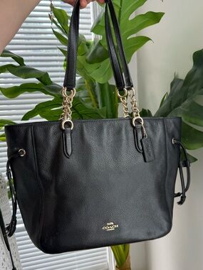Coach Black Pebbled Leather Tote with Gold Chain Straps